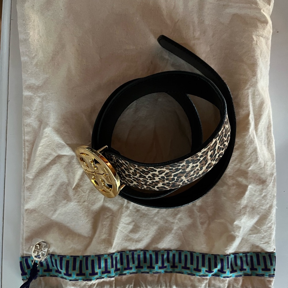 Tory Burch Animal Print Belt with Gold Buckle